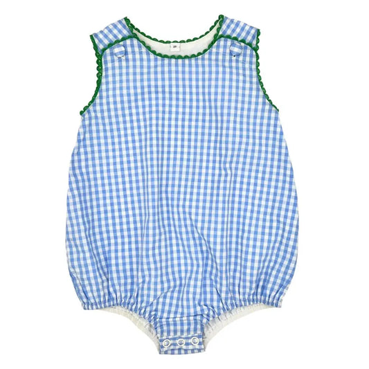 Unisex Blue Gingham with Green RicRac Bubble Pink Poodle Designz