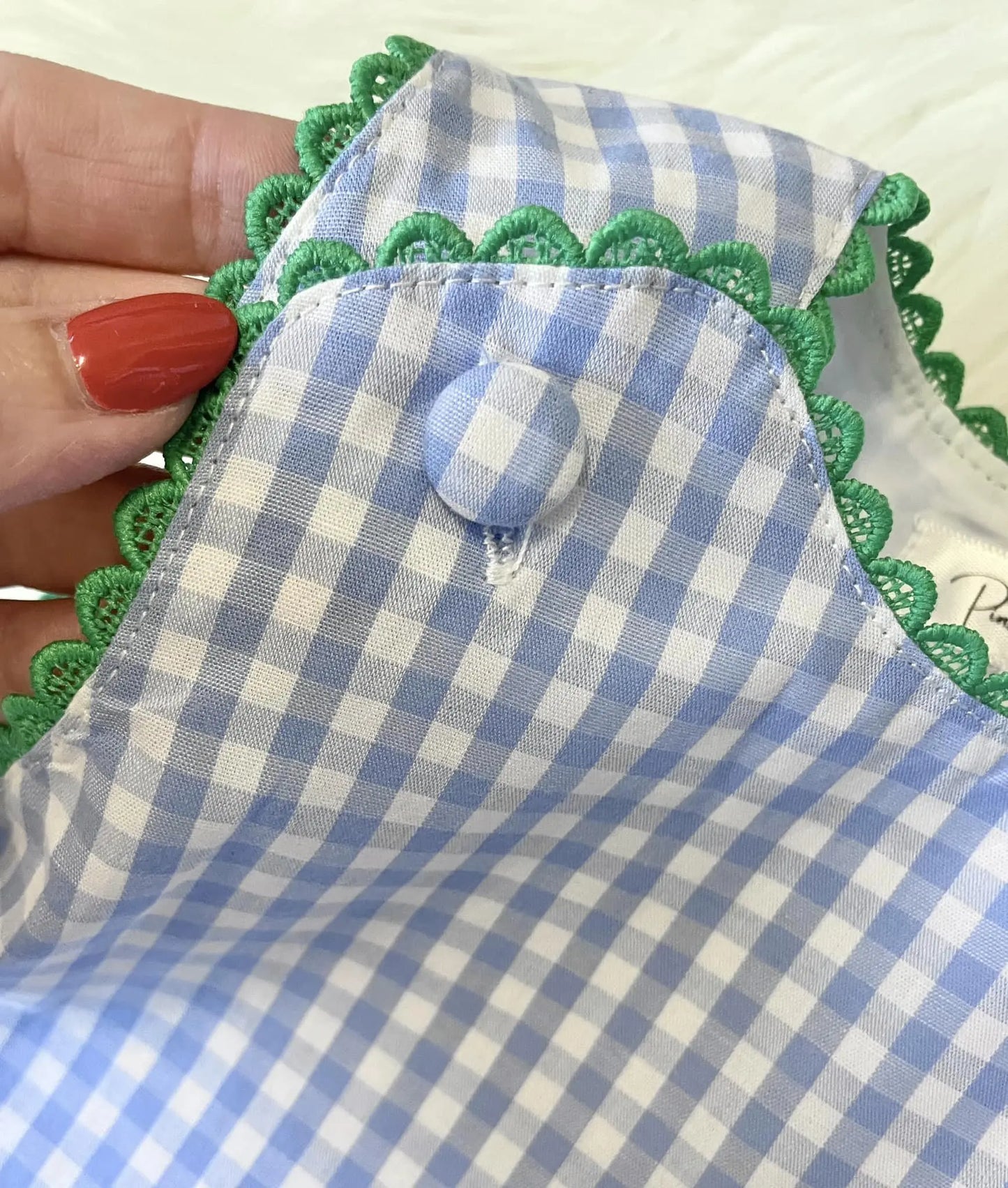 Unisex Blue Gingham with Green RicRac Bubble Pink Poodle Designz