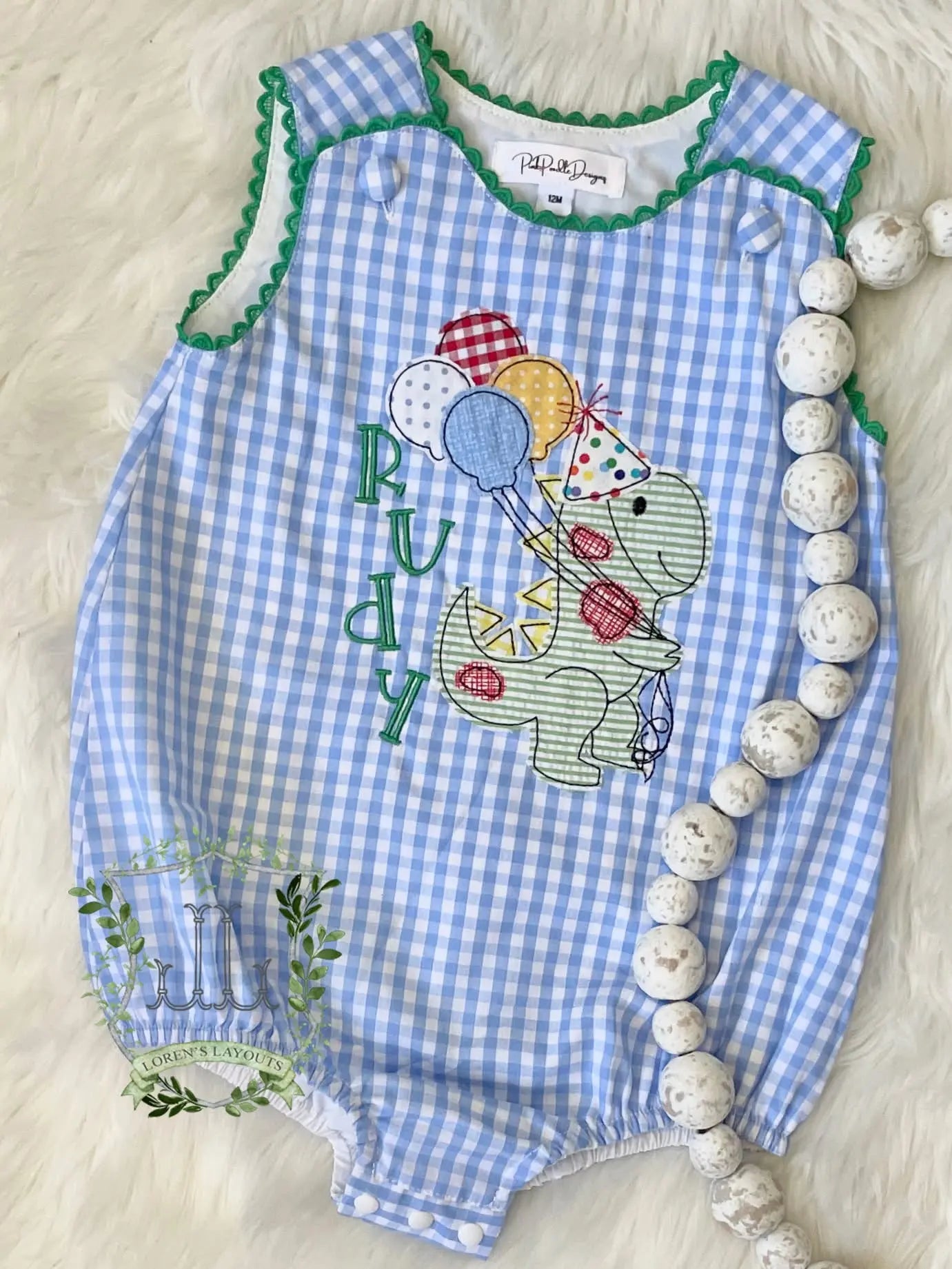 Unisex Blue Gingham with Green RicRac Bubble Pink Poodle Designz