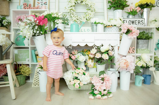 Bubble Gum Pink/White Stripe Ruffle Bodysuit Pink Poodle Designz
