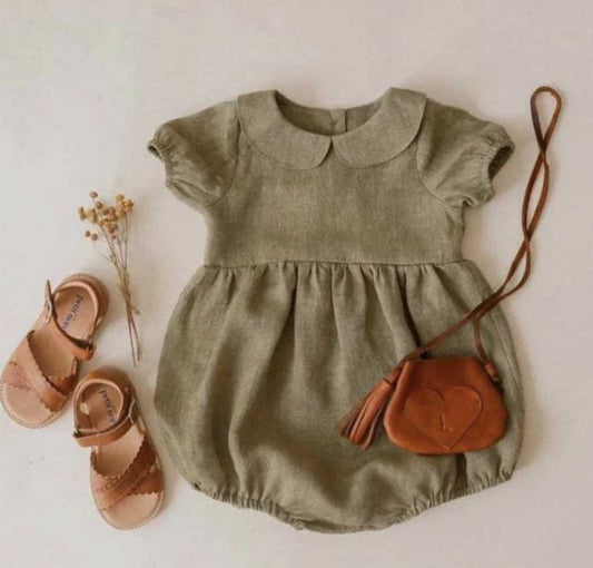 Baby Girls' Linen Peter Pan Collar Ruffle Playsuit Pink Poodle Designz