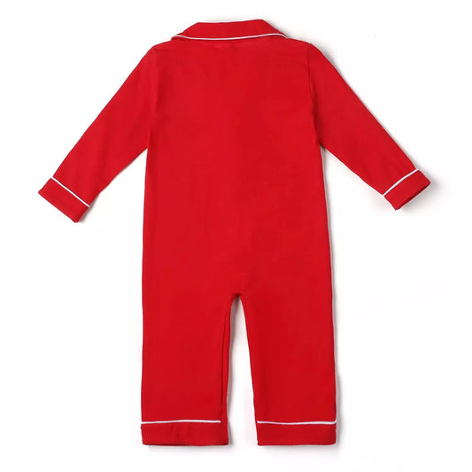 Boys Infant/Toddler Red Christmas Pajama Romper Monogrammed with White Trim Pink Poodle Designz