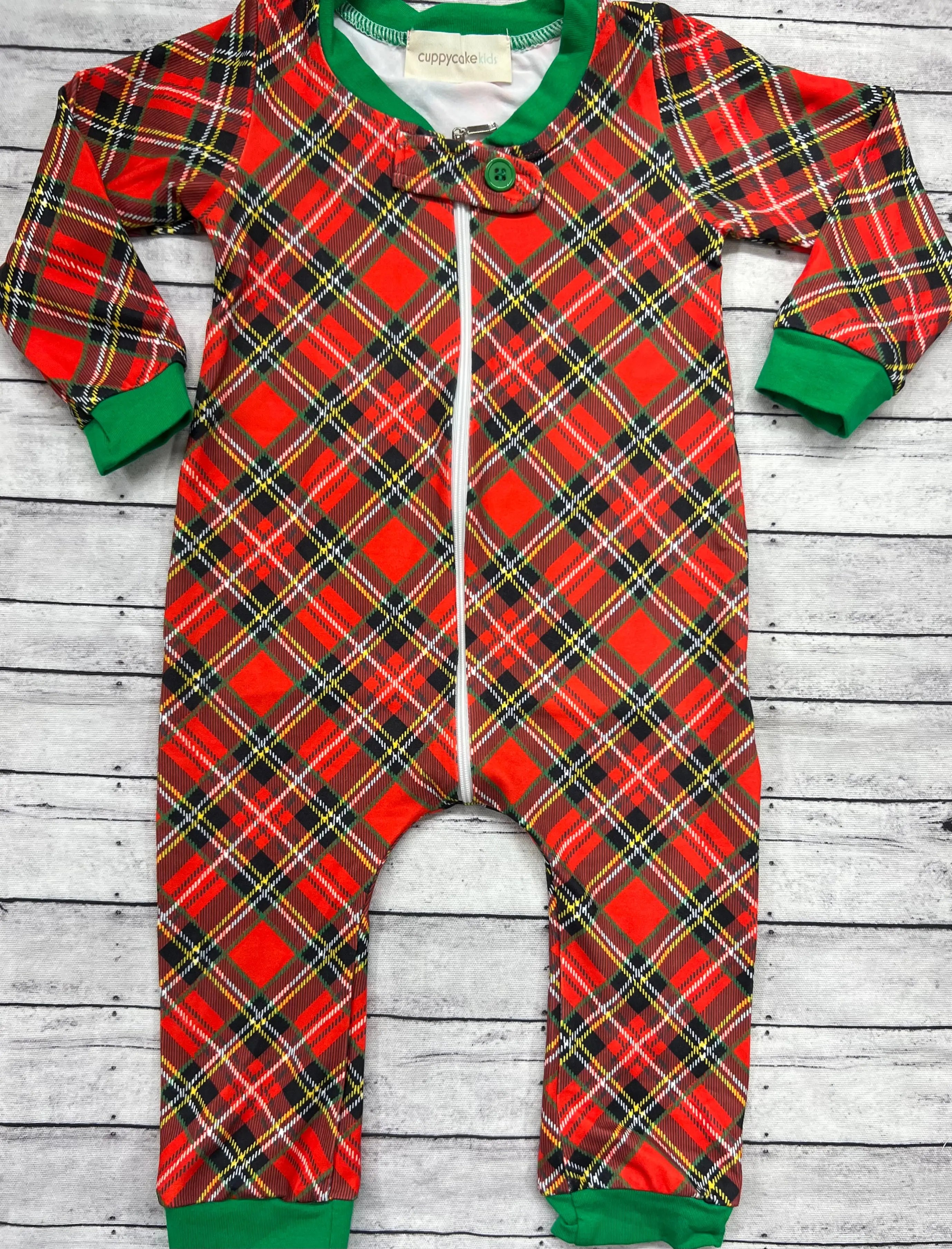 Christmas Pajamas Long John Baby Boy & Girls Plaid Green Butt Flap