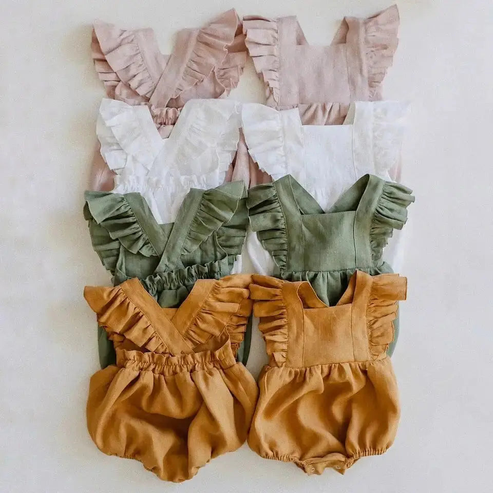 Cross Back Ruffle Bubble Romper Pink Poodle Designz