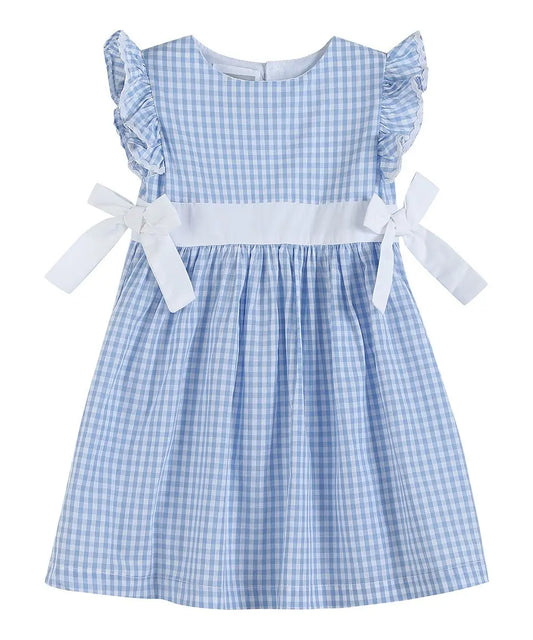 Girl's Light Blue Gingham Angel Sleeve Bow Waist Dress Lil Cactus