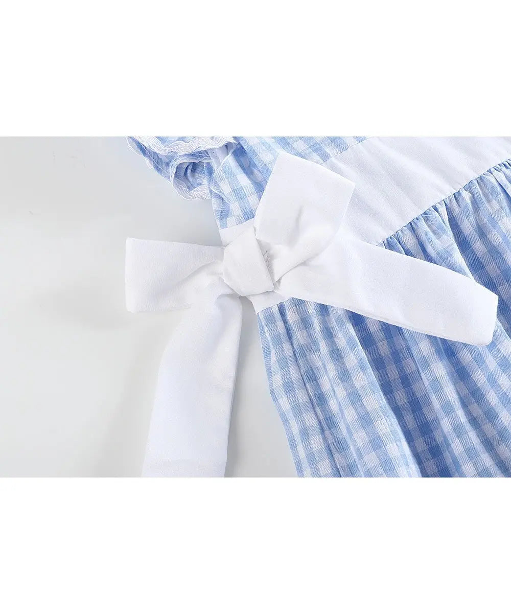 Girl's Light Blue Gingham Angel Sleeve Bow Waist Dress Lil Cactus