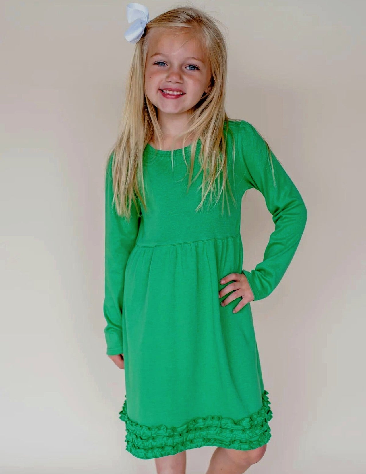 Girls Green Long Sleeve Ruffle Empire Waist Dress Pink Poodle Designz Girls Green Long Sleeve Ruffle Empire Waist Dress Pink Poodle Designz