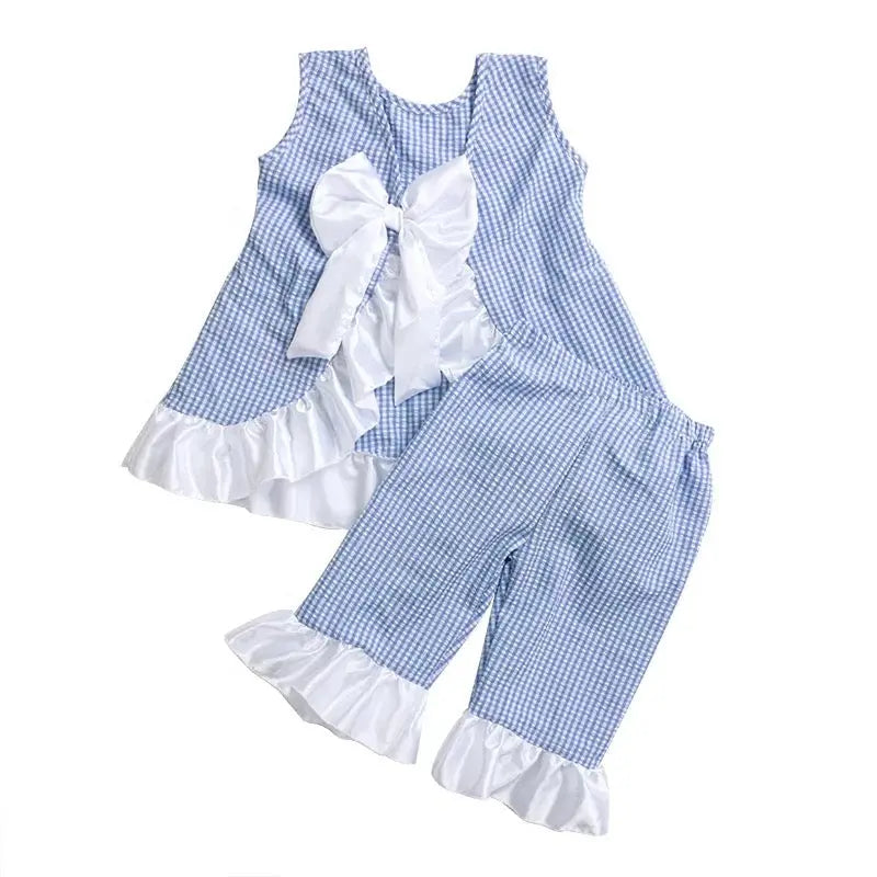 Girls' 2 Piece Blue Seersucker Capri Set Pink Poodle Designz