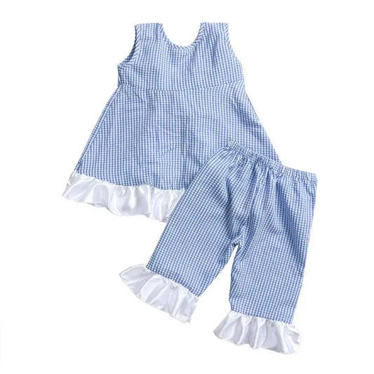 Girls' 2 Piece Blue Seersucker Capri Set Pink Poodle Designz