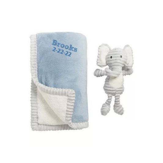 Monogrammed Baby Super Soft Blue Blanket With Plush Elephant pinkpoodledesignz