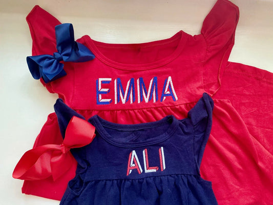 Monogrammed Girl's Cotton Flutter Sleeve Dress Pink Poodle Designz