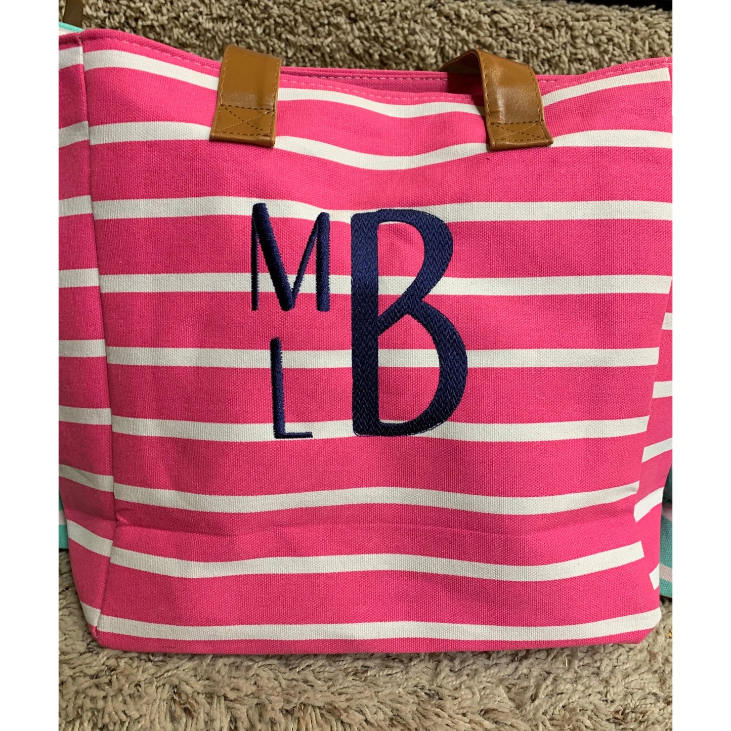 Monogrammed Pink Striped Canvas Tote Pink Poodle Designz