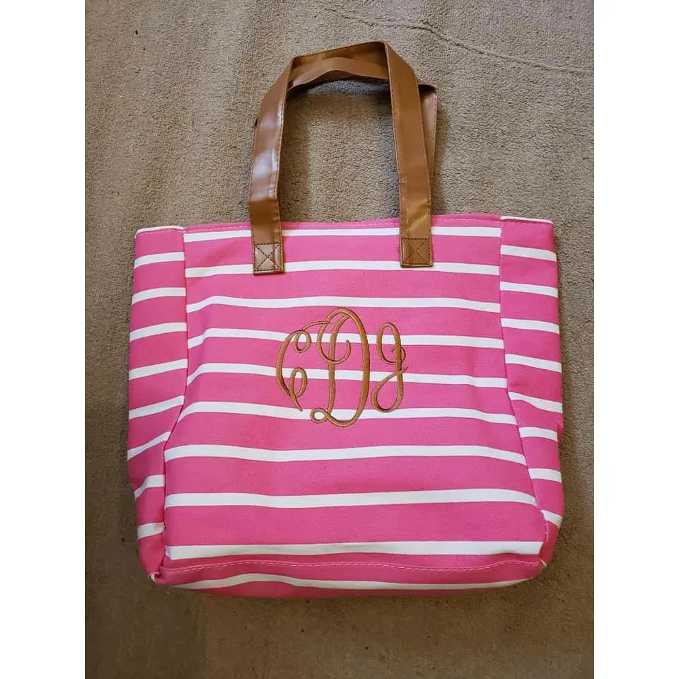 Monogrammed Pink Striped Canvas Tote Pink Poodle Designz