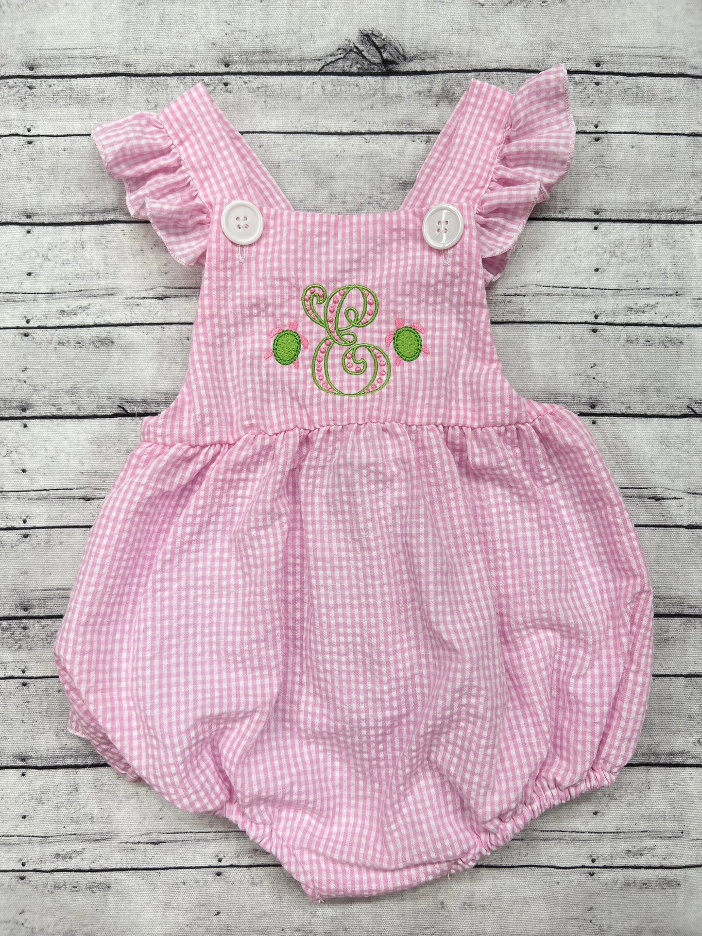 Monogrammed Pink/White Seersucker Ruffle Bubble Sunsuit Pink Poodle Designz
