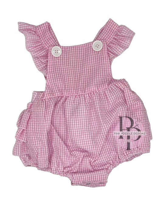 Monogrammed Pink/White Seersucker Ruffle Bubble Sunsuit Pink Poodle Designz