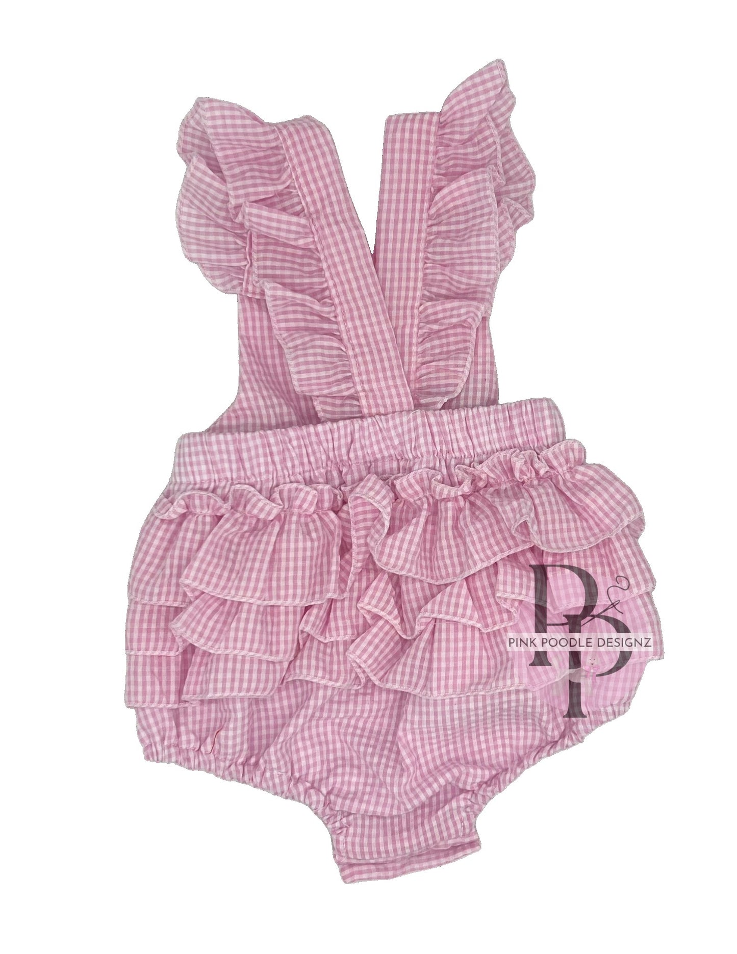 Monogrammed Pink/White Seersucker Ruffle Bubble Sunsuit Pink Poodle Designz