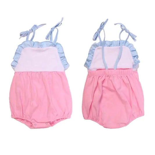 Monogrammed Pink, White, & Blue Girl's Ruffle Knit Sunsuit Pink Poodle Designz