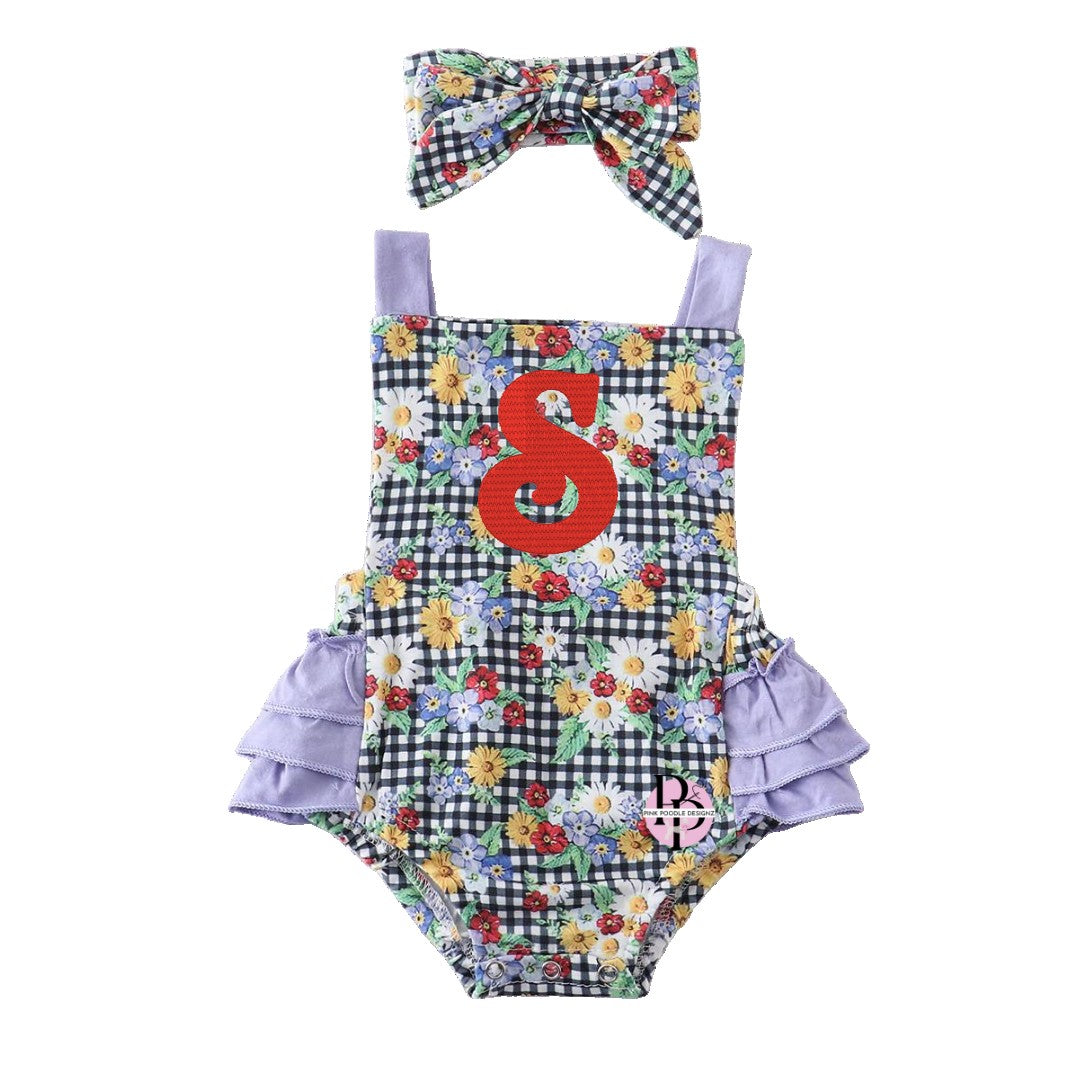 Monogrammed Plaid Daisy Baby Bubble With Headband Honeydew
