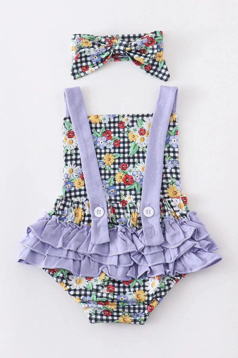 Monogrammed Plaid Daisy Baby Bubble With Headband Honeydew