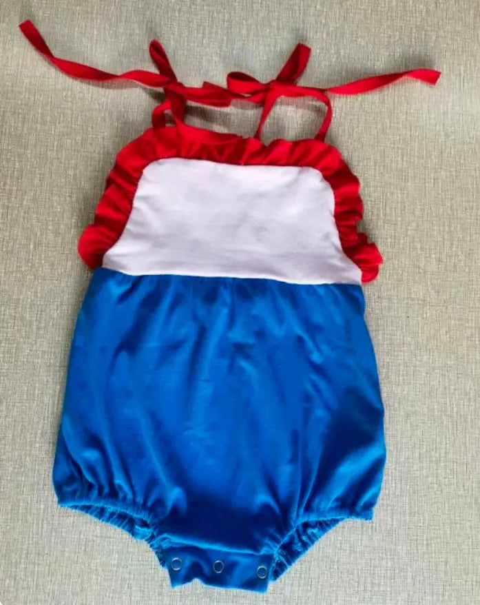Monogrammed Red, White, & Blue Girl's Ruffle Knit Sunsuit Pink Poodle Designz