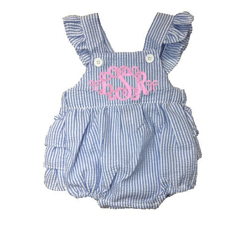 Monogrammed Seersucker Ruffle Romper Pink Poodle Designz