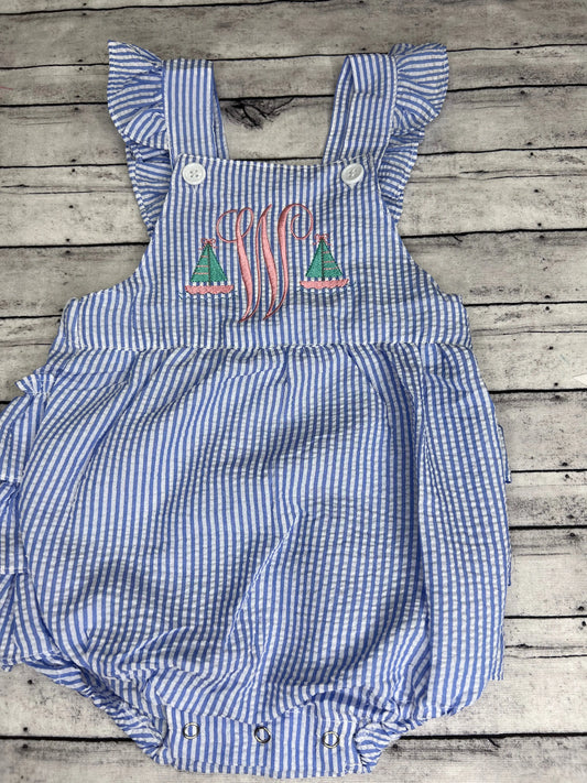 Monogrammed Seersucker Ruffle Romper Pink Poodle Designz