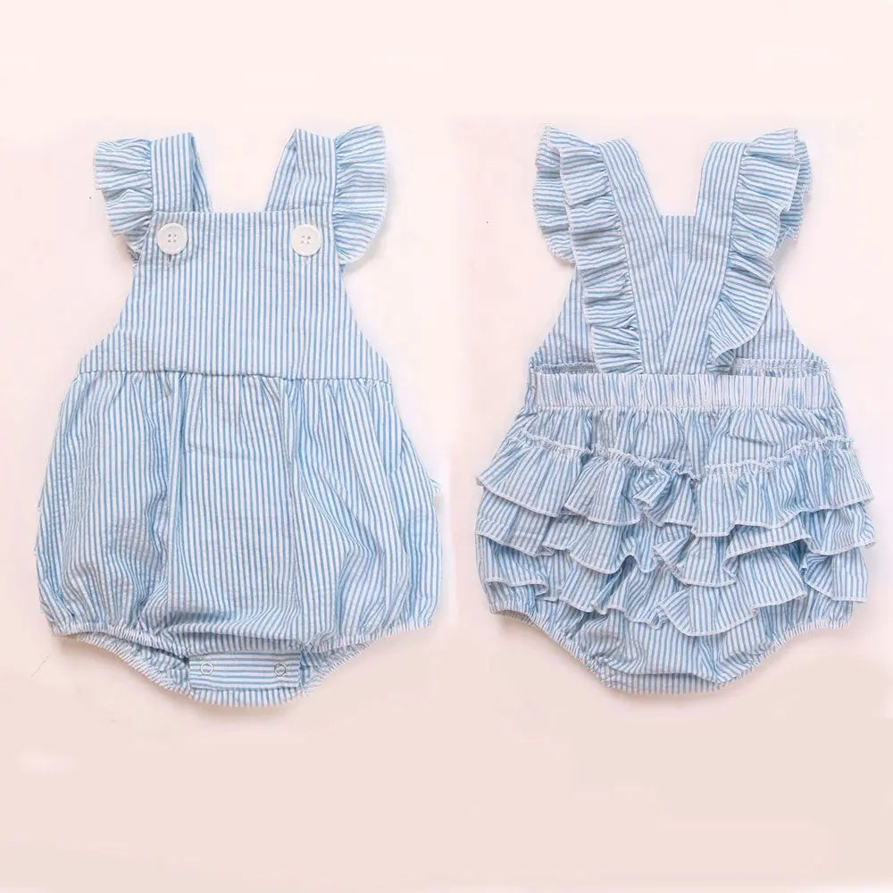 Monogrammed Seersucker Ruffle Romper Pink Poodle Designz