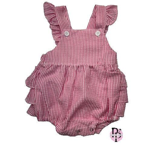 Monogrammed Seersucker Ruffle Romper Pink Poodle Designz