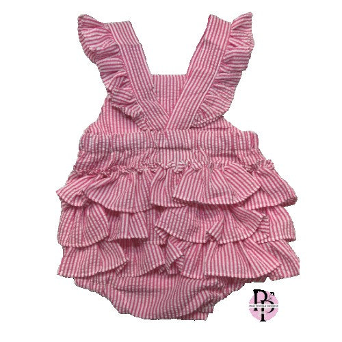 Monogrammed Seersucker Ruffle Romper Pink Poodle Designz