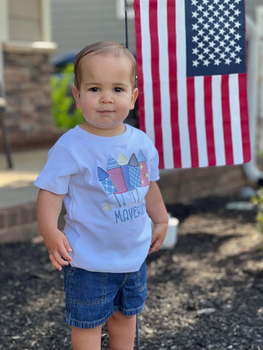 Patriotic Rockets Applique Boy's Short Sleeve Tee Blanks Boutique