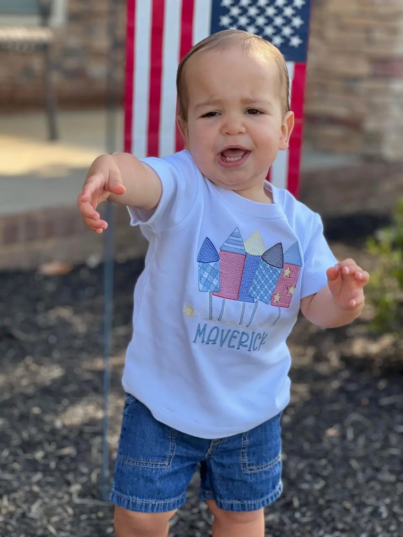 Patriotic Rockets Applique Boy's Short Sleeve Tee Blanks Boutique