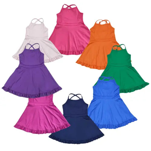 Adjustable Strap Ruffle Trim Dress With Built In Shorts Pink Poodle Designz