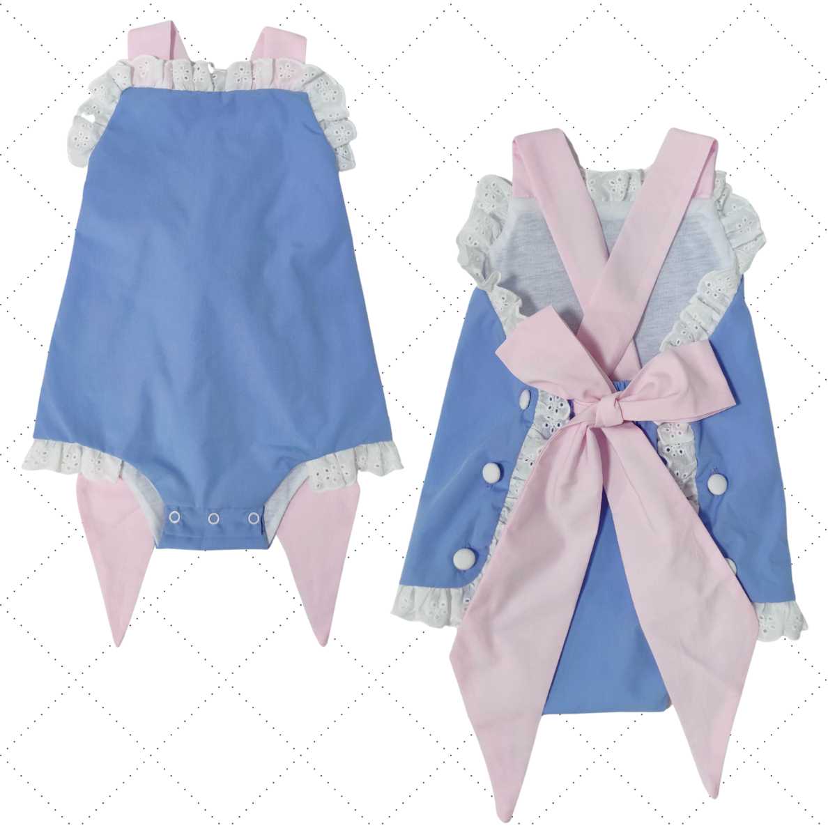 Blue/Pink Eyelet Ruffle Bow Back Sunsuit Pink Poodle Designz