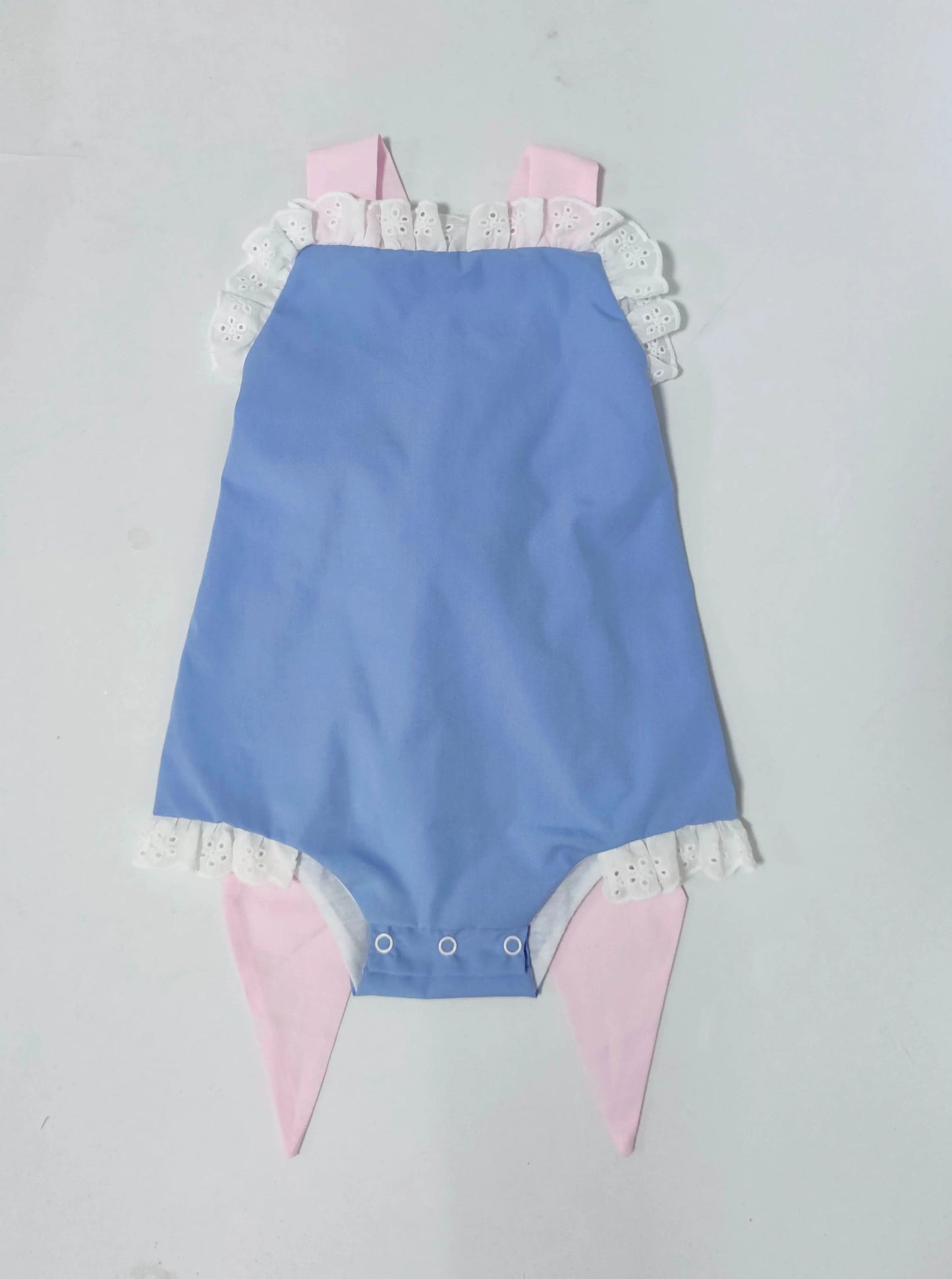 Blue/Pink Eyelet Ruffle Bow Back Sunsuit Pink Poodle Designz