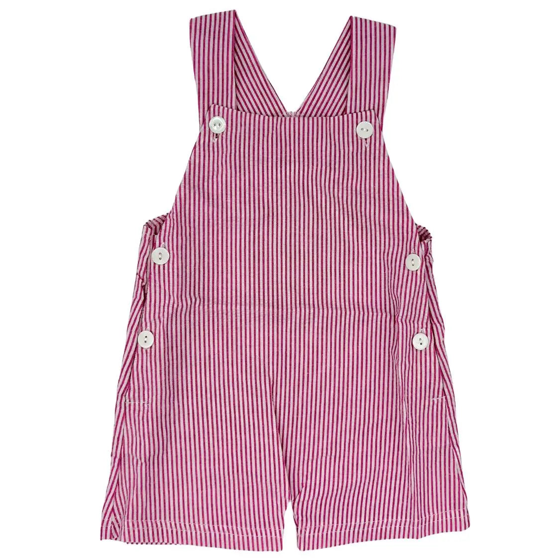 Blue Seersucker Stripe Short Overalls Pink Poodle Designz