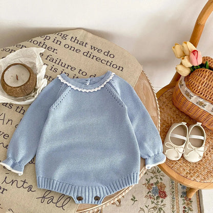 Boutique Blue Lace Trim Sweater Romper Pink Poodle Designz