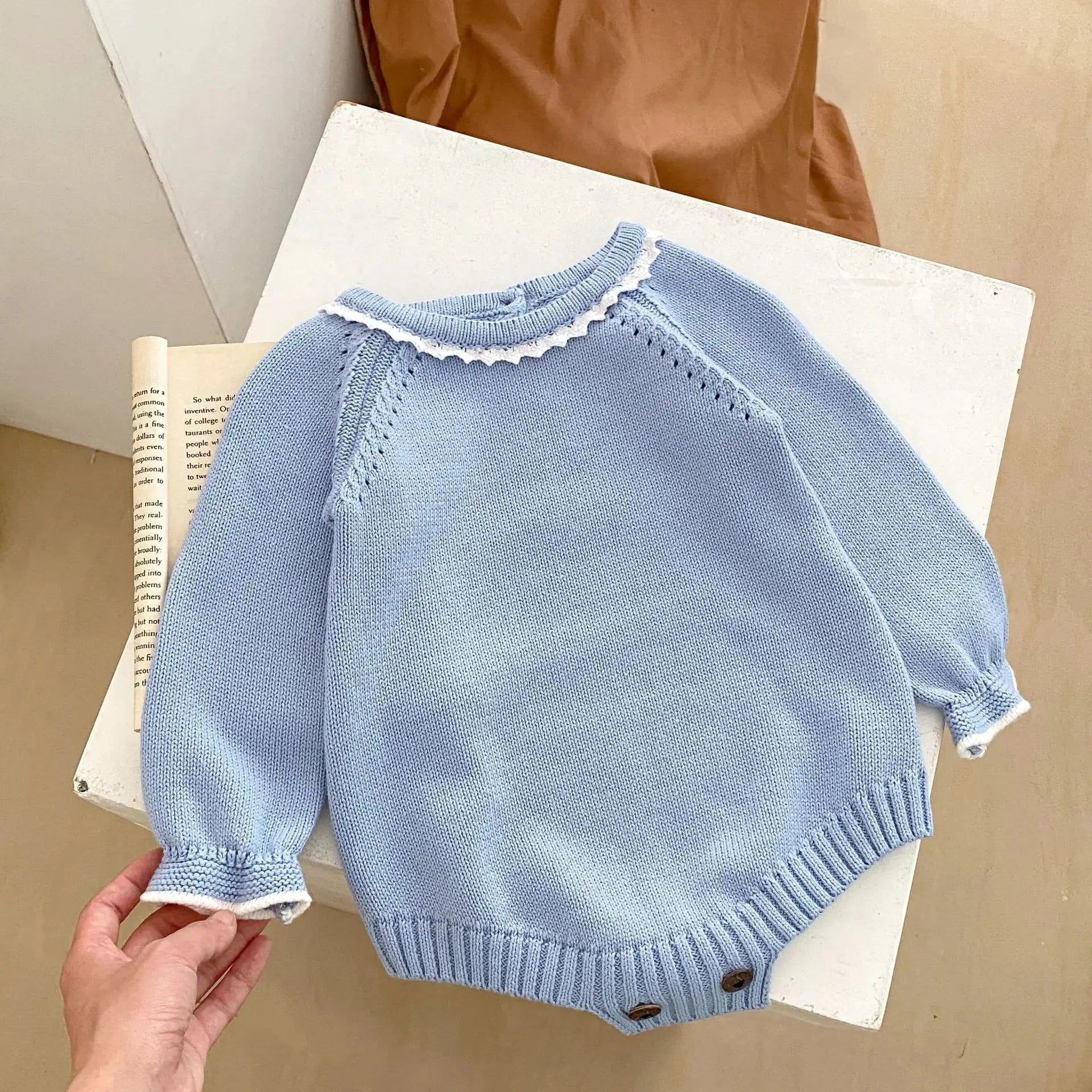 Boutique Blue Lace Trim Sweater Romper Pink Poodle Designz