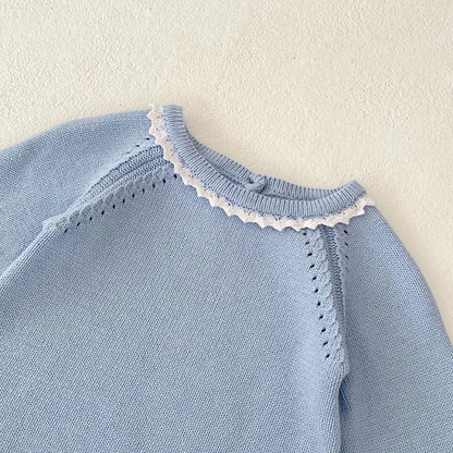 Boutique Blue Lace Trim Sweater Romper Pink Poodle Designz