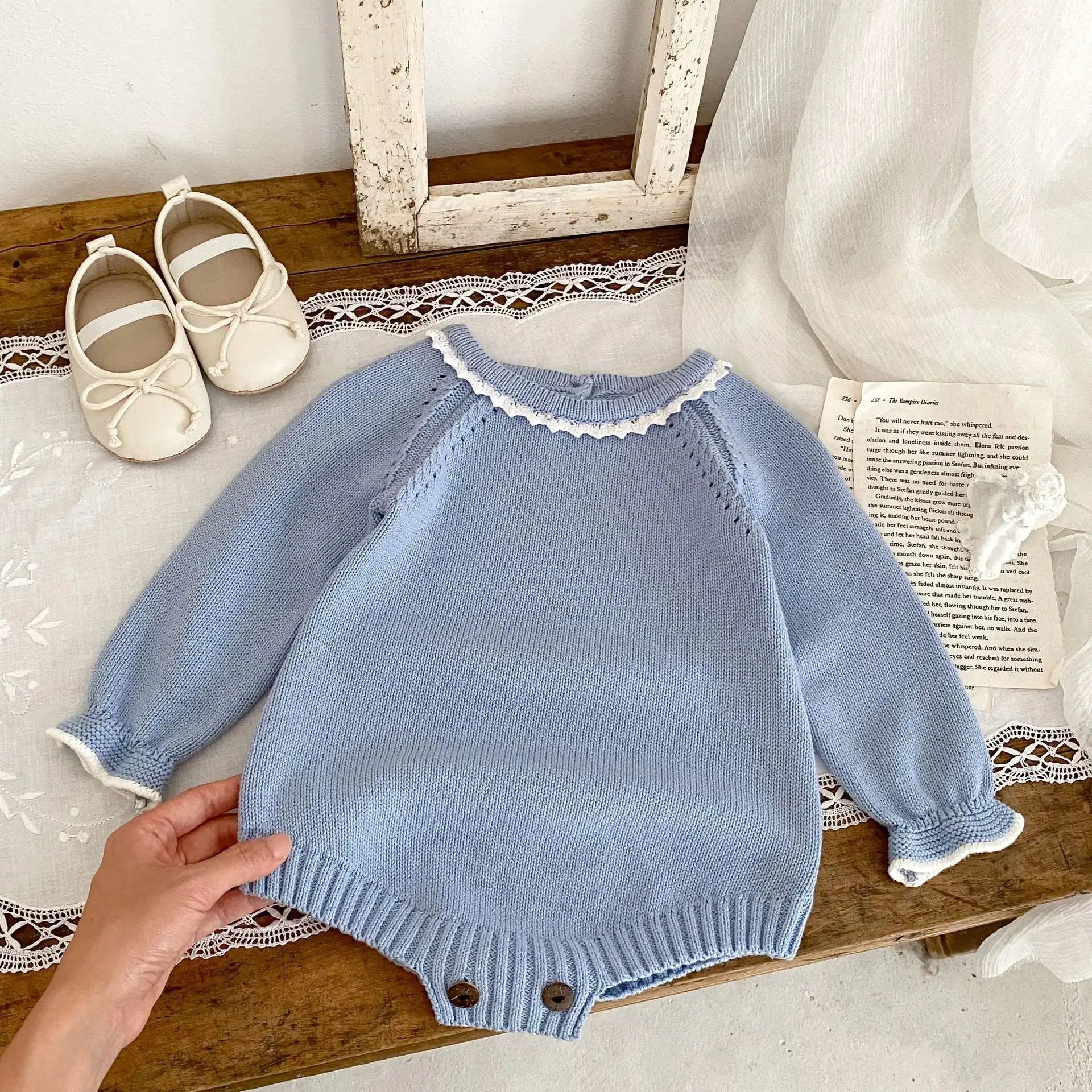Boutique Blue Lace Trim Sweater Romper Pink Poodle Designz
