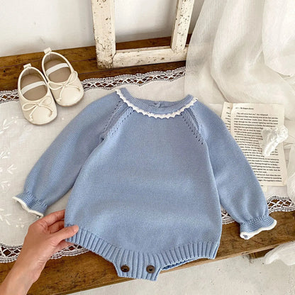 Boutique Blue Lace Trim Sweater Romper Pink Poodle Designz