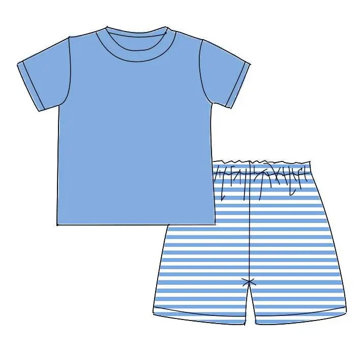 Boys 2PC Bright Blue & White Striped Short Sets Pink Poodle Designz