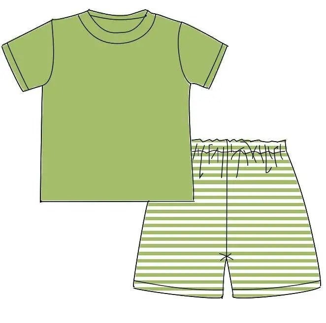 Boys 2PC Sage Green & White Striped Short Sets Pink Poodle Designz