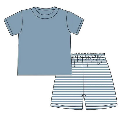 Boys 2PC Slate Blue & White Striped Short Sets Pink Poodle Designz