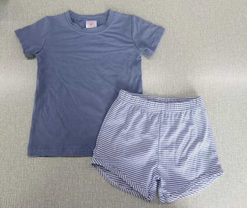 Boys 2PC Slate Blue & White Striped Short Sets Pink Poodle Designz