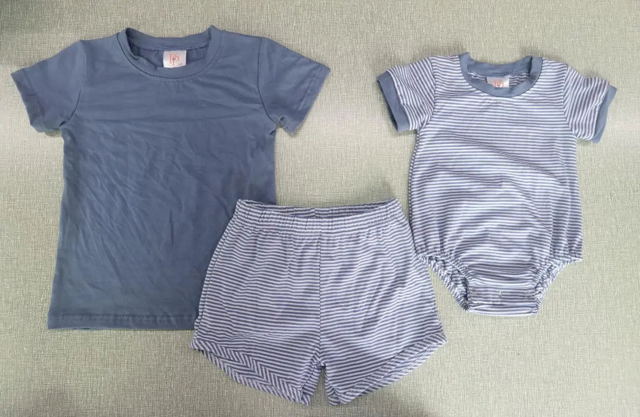 Boys 2PC Slate Blue & White Striped Short Sets Pink Poodle Designz