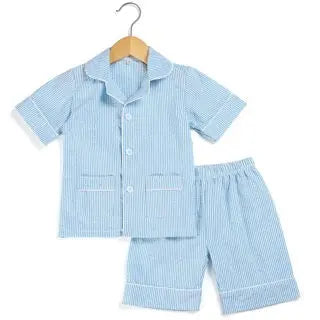 Boys Blue Stripe Seersucker Pajama Short Set Pink Poodle Designz