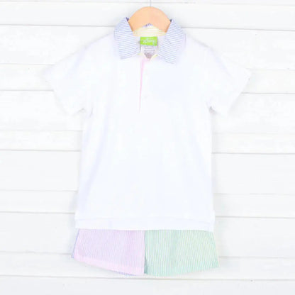 Boys Colorblock Seersucker Shorts Set Pink Poodle Designz