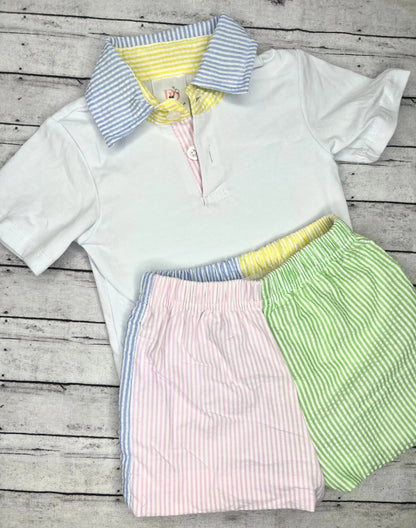 Boys Colorblock Seersucker Shorts Set Pink Poodle Designz