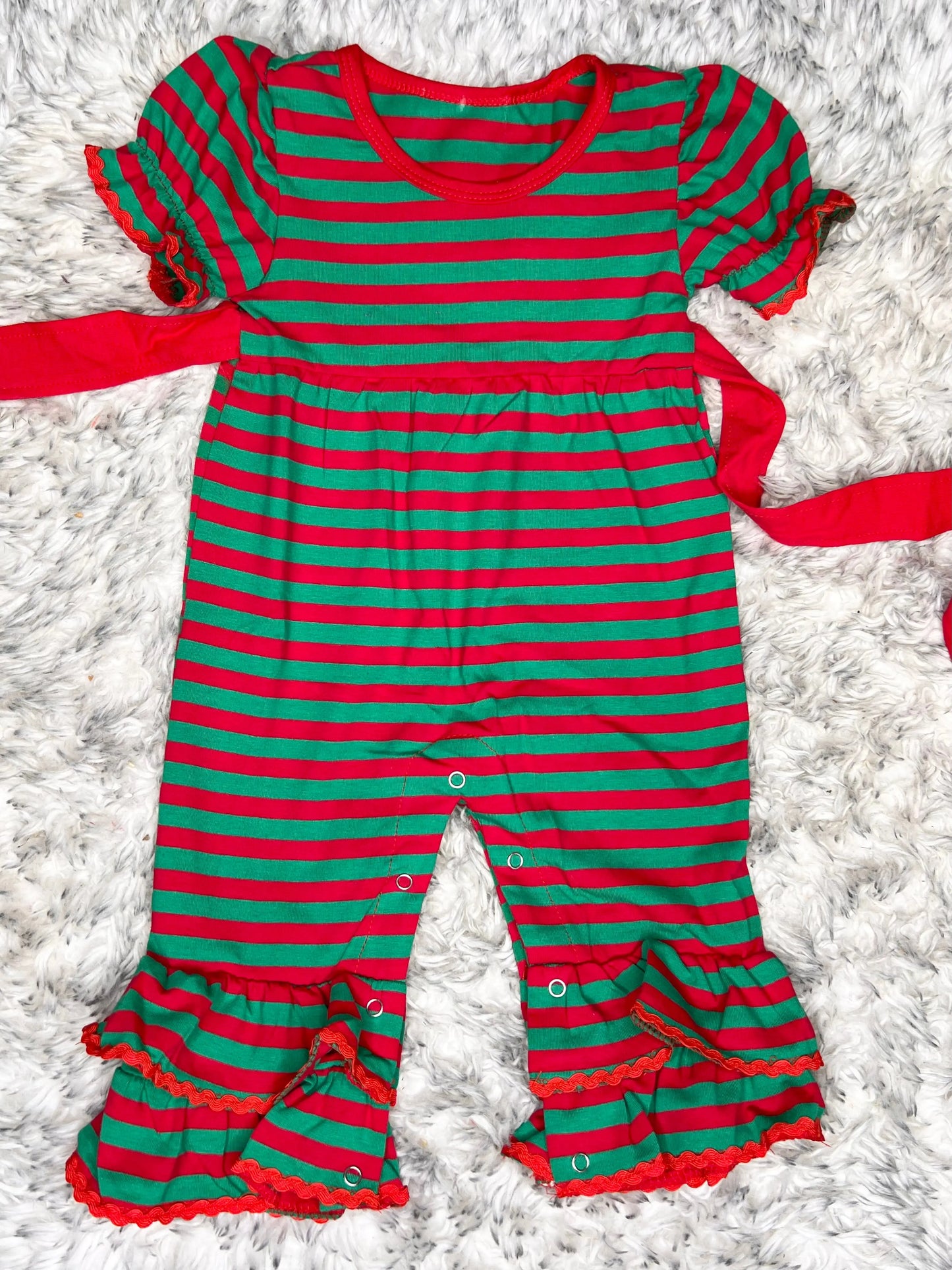 Christmas 2023 Red & Green Stripe Girls Romper Pink Poodle Designz