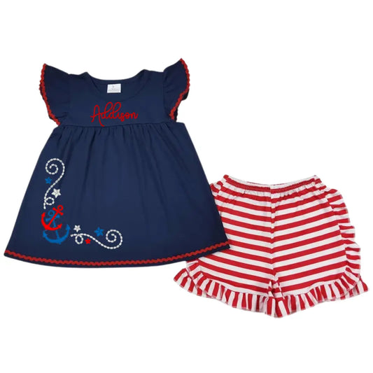 Girl’s 2PC Red, White, Navy Set Pink Poodle Designz